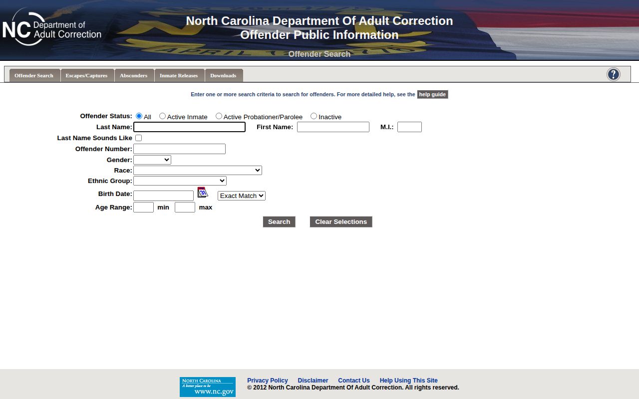 North Carolina Department of Adult Correction offender search interface