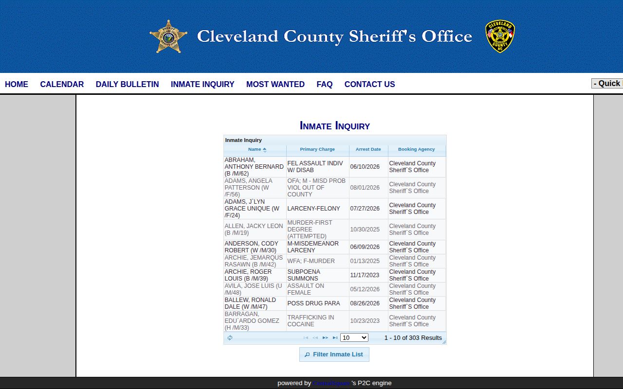 Official Cleveland County P2C jail inmate search interface