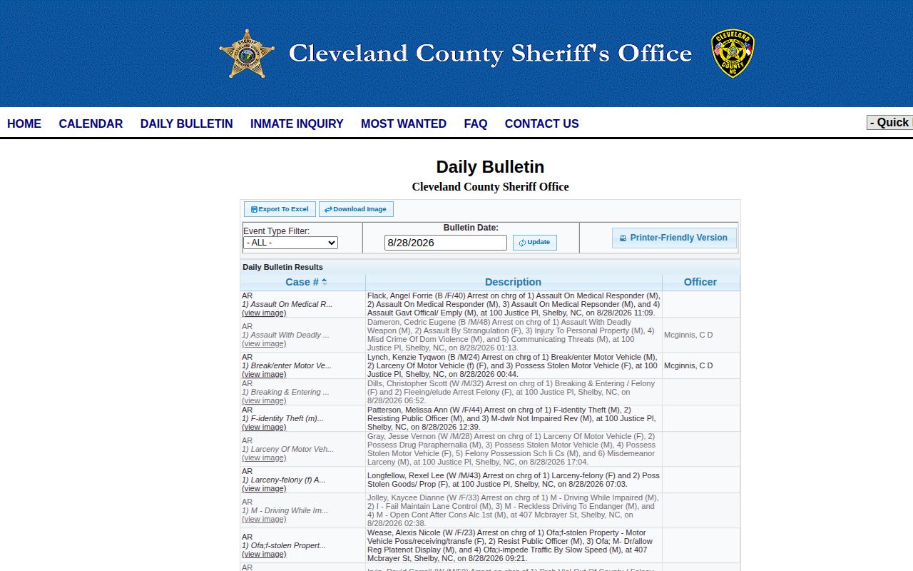 Official Cleveland County Daily Bulletin interface