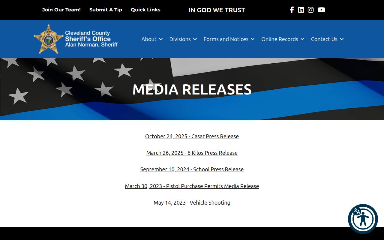 Cleveland County Sheriff's official media release archive