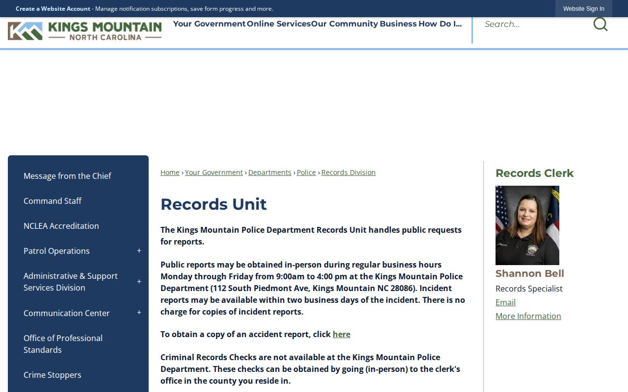 Kings Mountain Police Records Division page